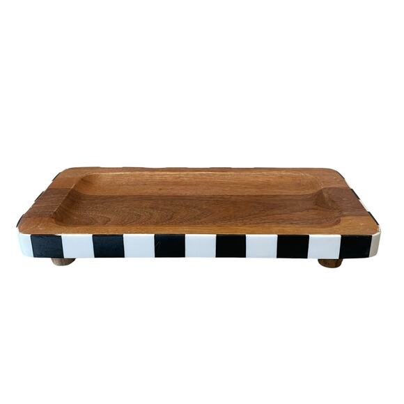 Black & White Checkered Enameled Mango Wood Serving Tray 12x6 Made In India NEW - Picture 3 of 16